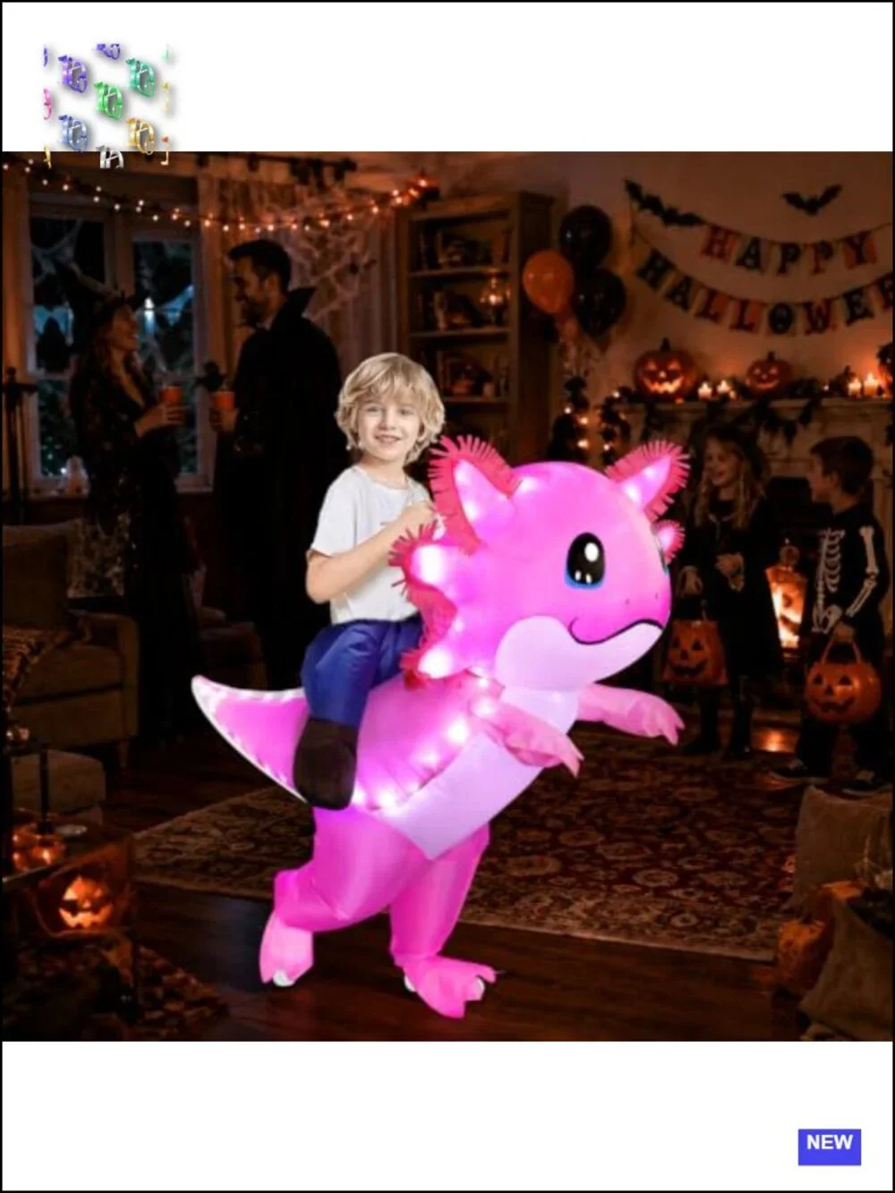 Inflatable Axolotl Costume for Kids with LED Lights, Ride-On Blow Up Halloween